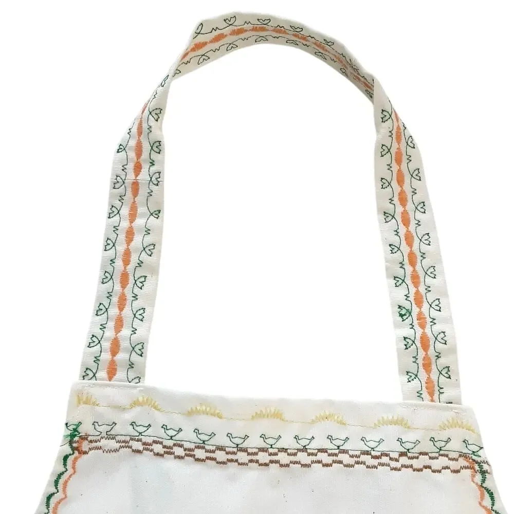 Vintage 70s Embroidered Kids Play Apron Pockets Chickens Farmhouse Handmade